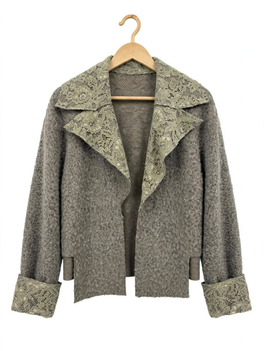 Grey Short Wool Jacket With Sage Velvet Lace