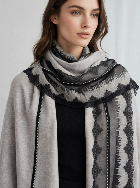 Grey Wool Scarf With Black Lace & Silver Beads