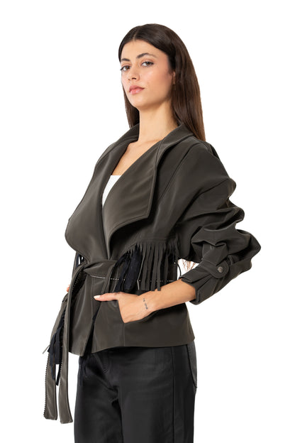Olive Faux Leather Bomber Jacket