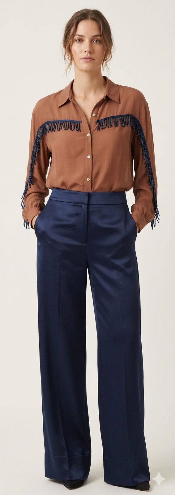 Washed Silk Brown Shirt with Navy Blue Fringes