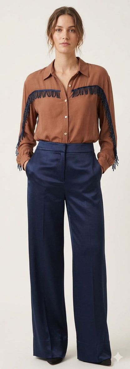 Washed Silk Brown Shirt with Navy Blue Fringes