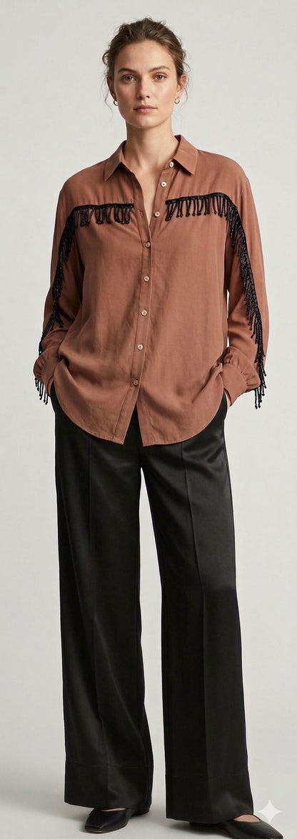 Washed Silk Brown Shirt with Black Fringes