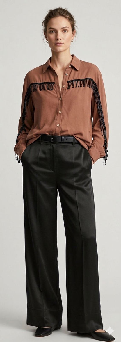 Washed Silk Brown Shirt with Black Fringes