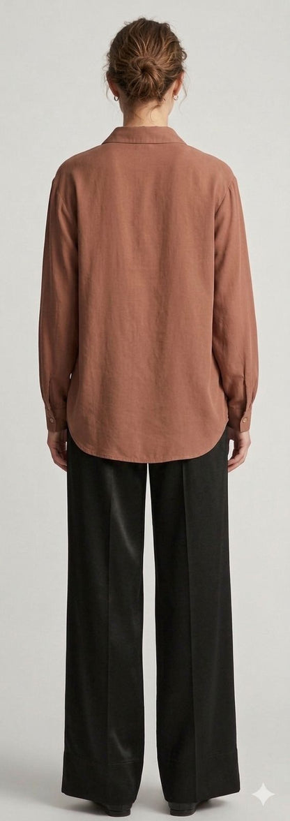 Washed Silk Brown Shirt with Black Fringes