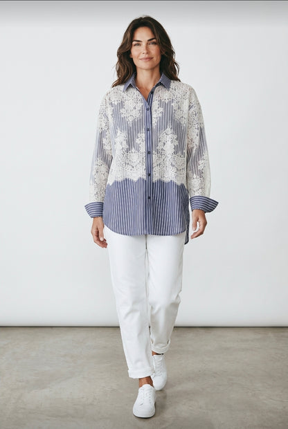 Stripes Navy Blue Poplin Shirt with Lace