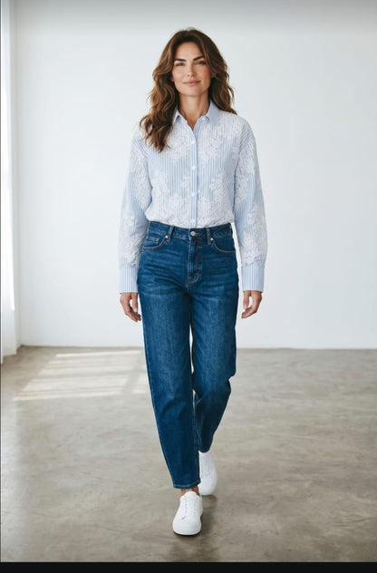 Stripes Light Blue Poplin Shirt with Lace