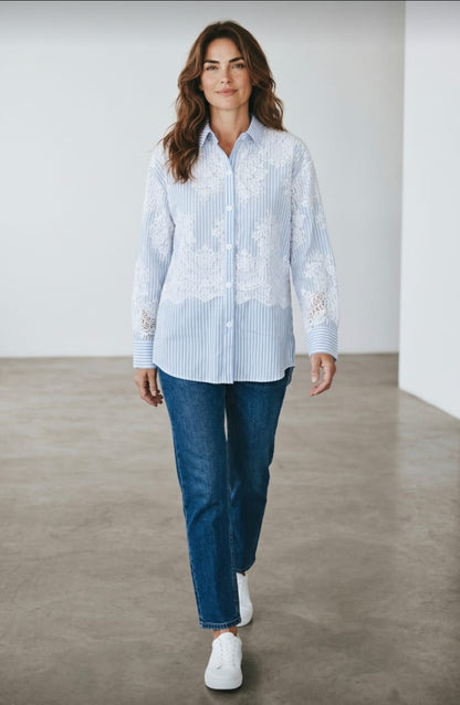 Stripes Light Blue Poplin Shirt with Lace