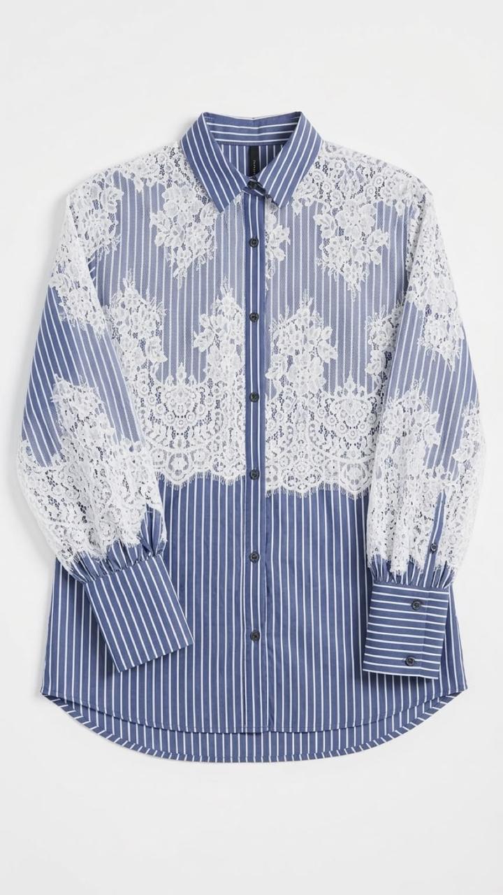 Stripes Navy Blue Poplin Shirt with Lace