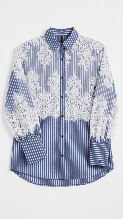 Stripes Navy Blue Poplin Shirt with Lace