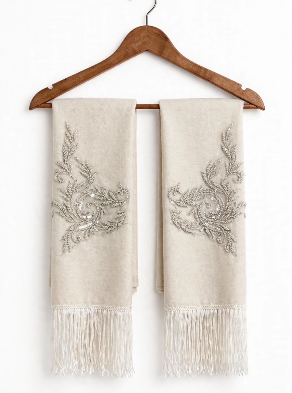 Off White Wool Scarf with Beaded Appliqués
