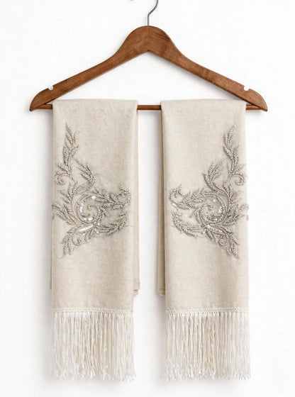 Off White Wool Scarf with Beaded Appliqués