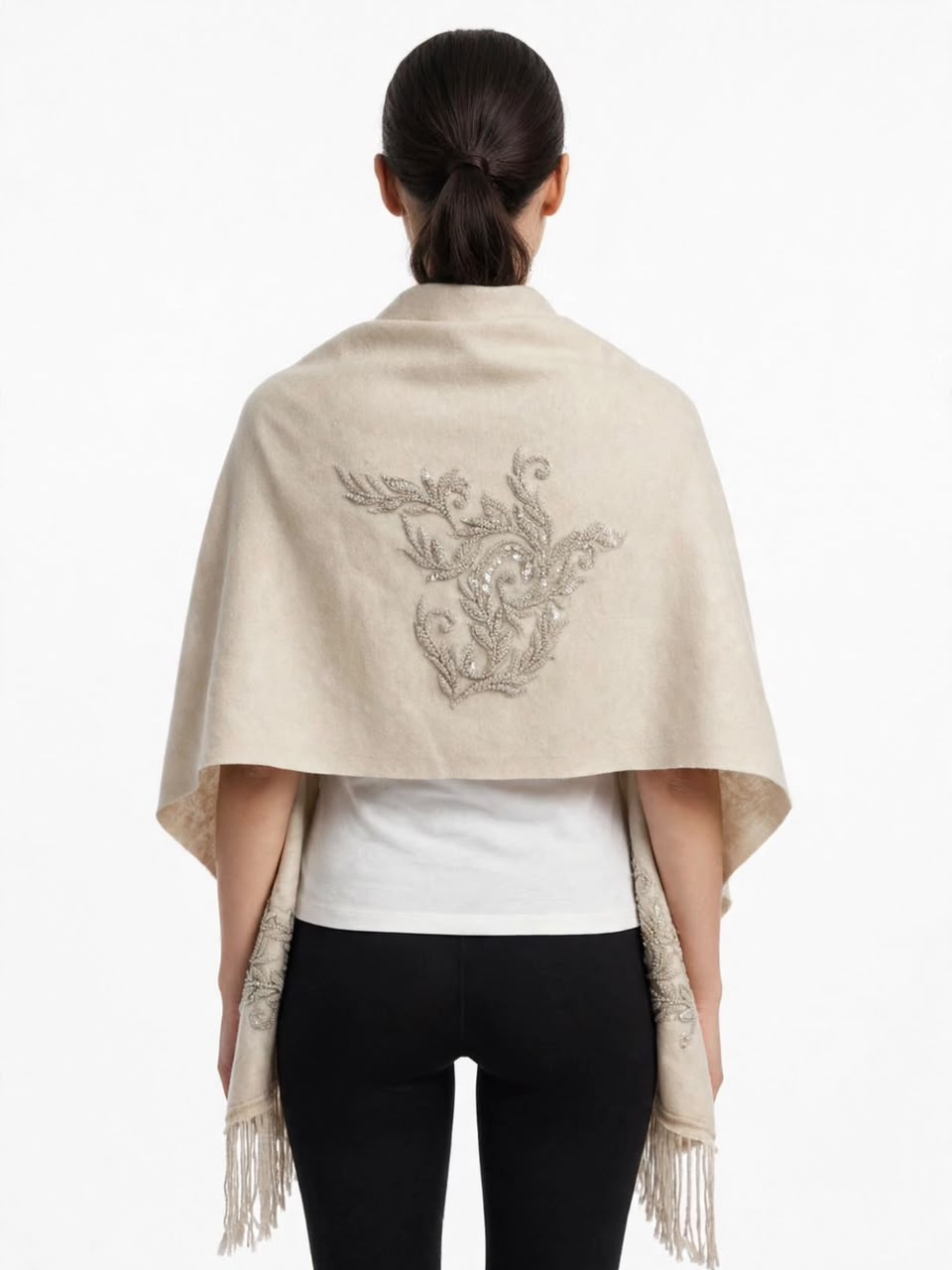 Off White Wool Scarf with Beaded Appliqués