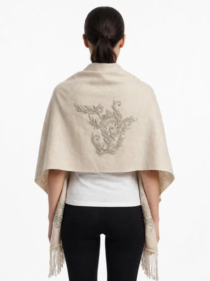 Off White Wool Scarf with Beaded Appliqués