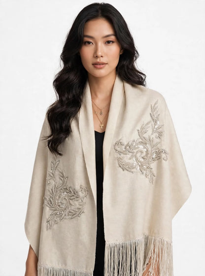 Off White Wool Scarf with Beaded Appliqués
