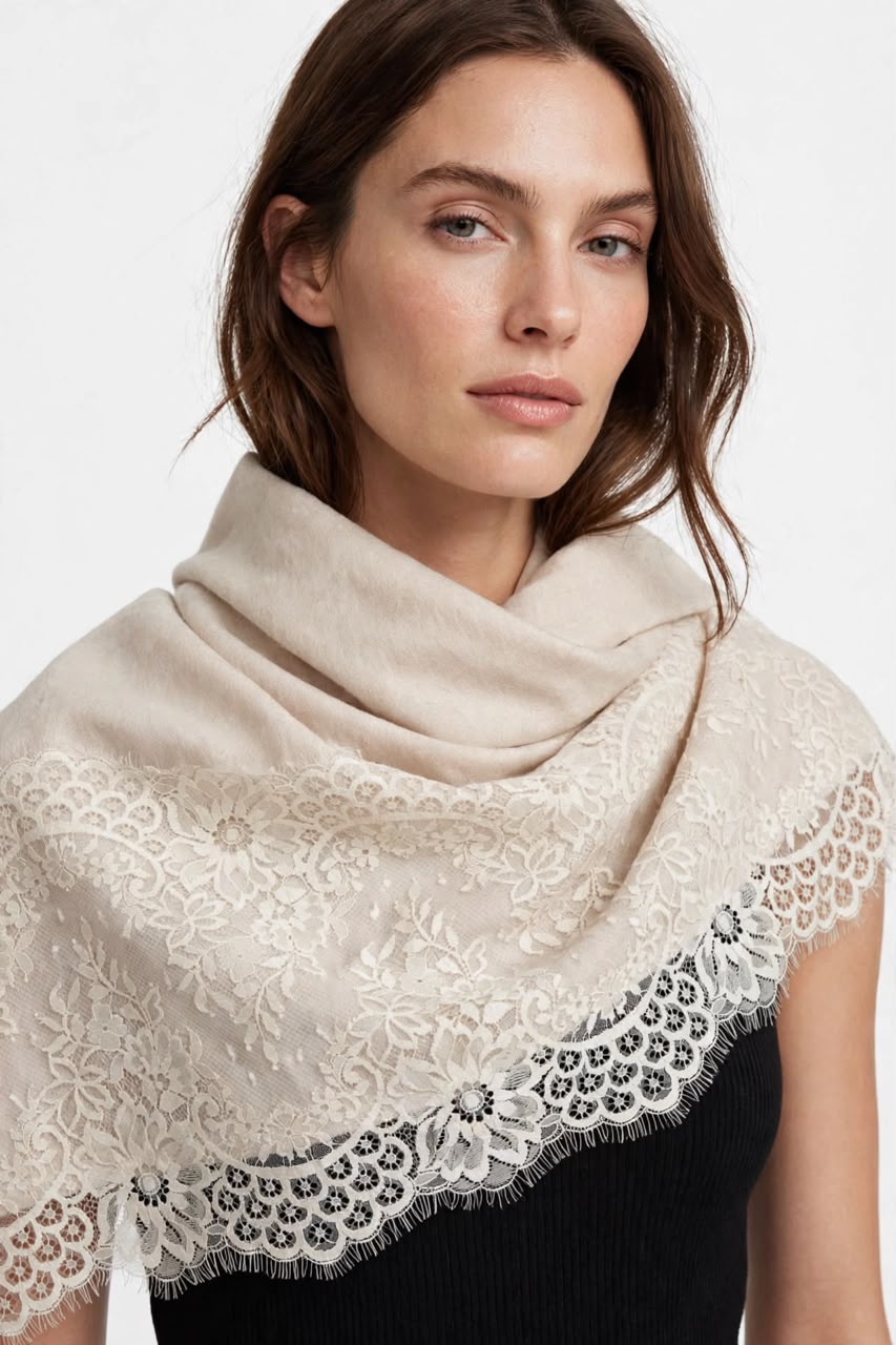 Off White Wool Scarf with French Lace