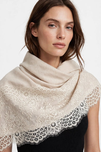 Off White Wool Scarf with French Lace