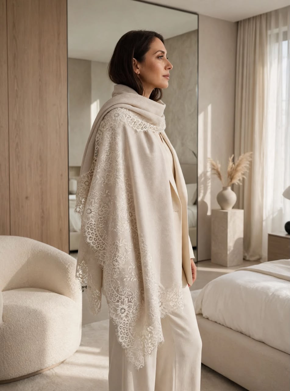 Off White Wool Scarf with French Lace