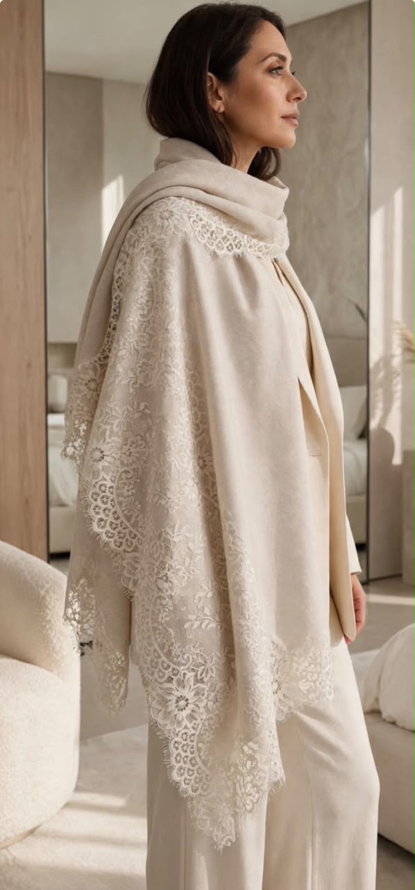 Off White Wool Scarf with French Lace