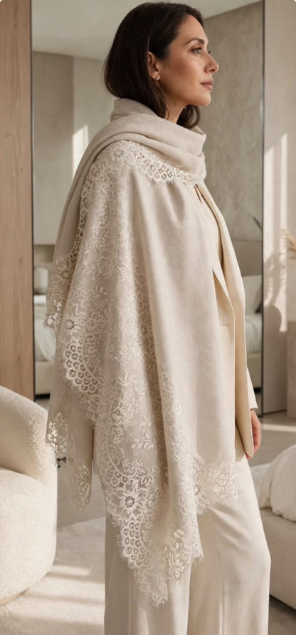 Off White Wool Scarf with French Lace