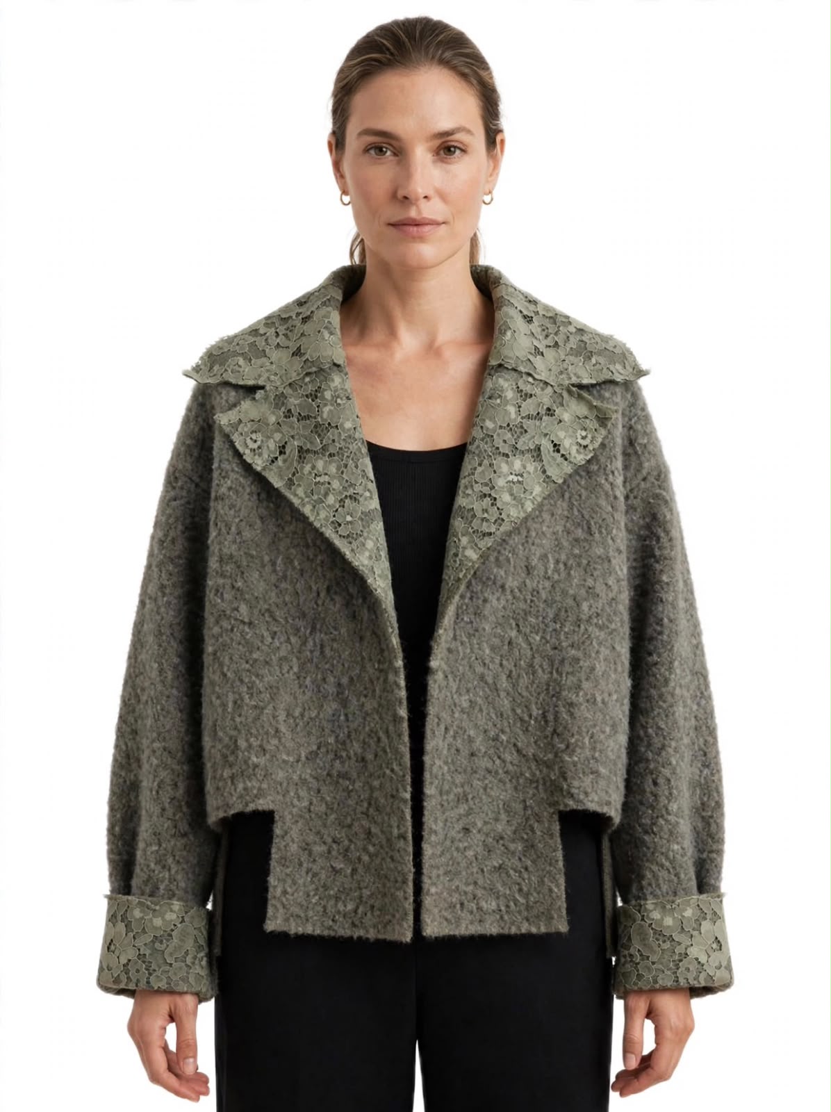 Grey  Short  Wool Jacket  With Sage Velvet Lace