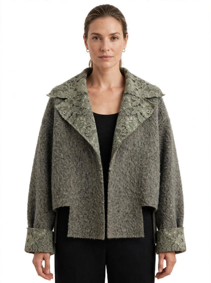 Grey  Short  Wool Jacket  With Sage Velvet Lace