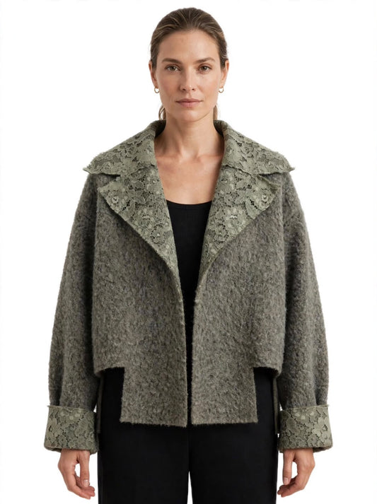 Grey  Short  Wool Jacket  With Sage Velvet Lace