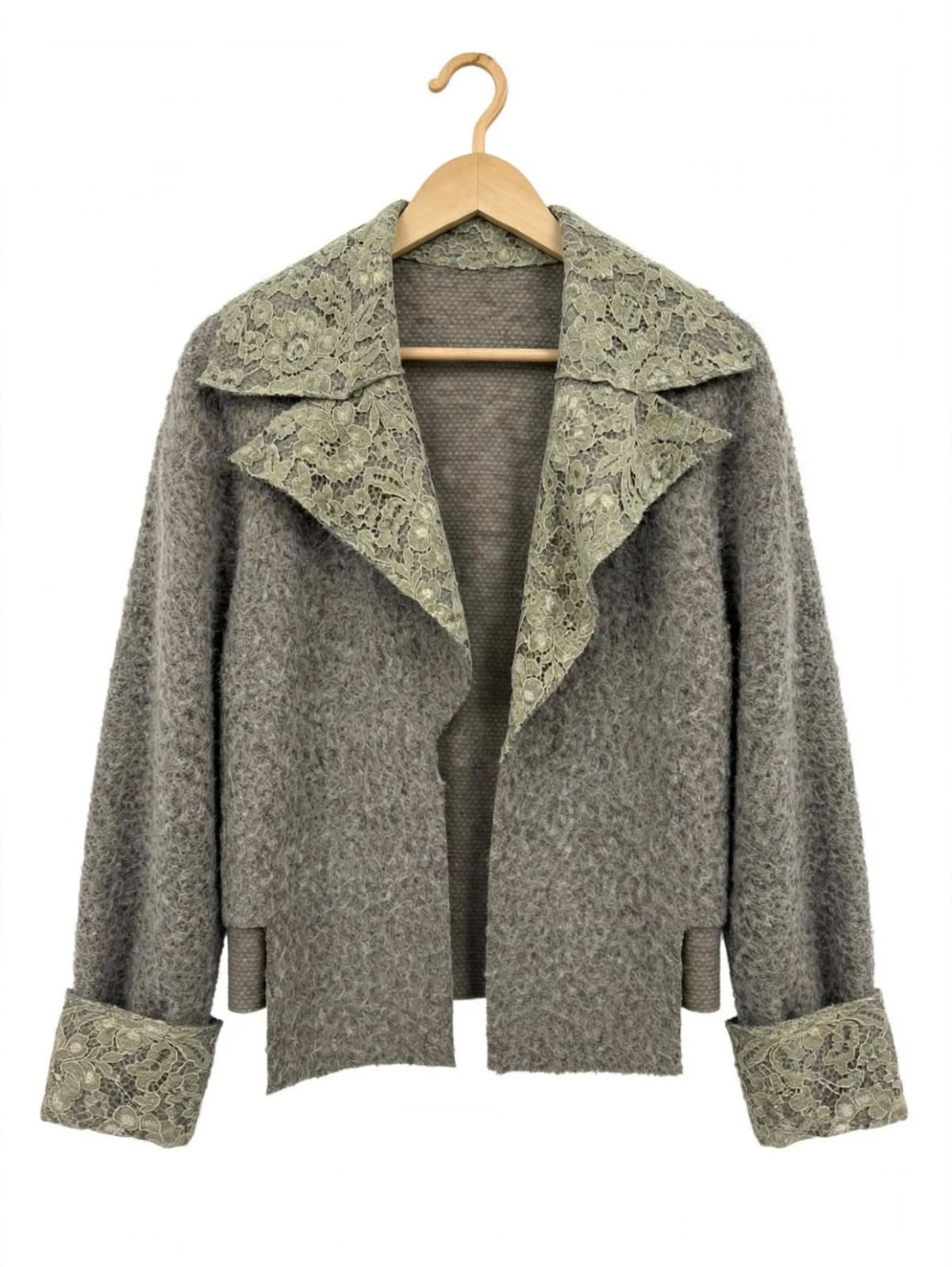Grey  Short  Wool Jacket  With Sage Velvet Lace