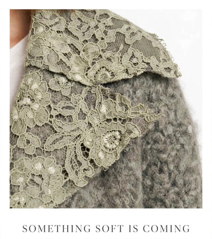 Grey  Short  Wool Jacket  With Sage Velvet Lace