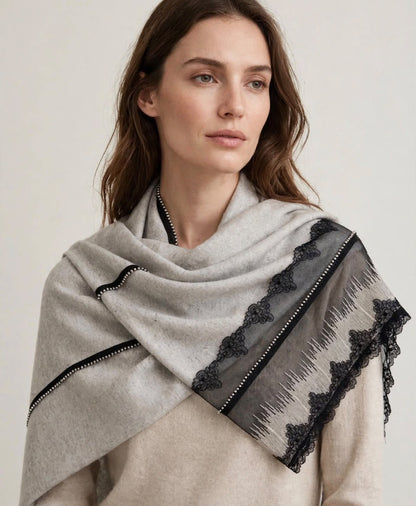 Grey  Wool Scarf With Black Lace & Silver Beads