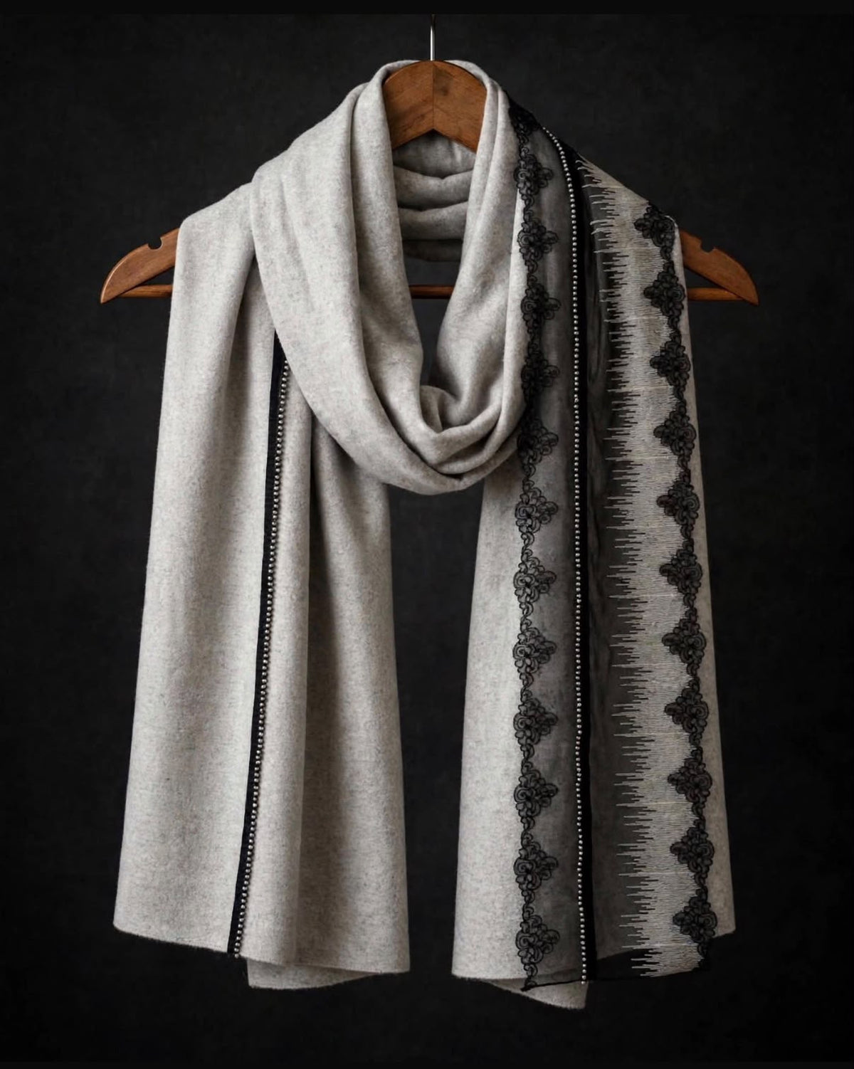 Grey  Wool Scarf With Black Lace & Silver Beads