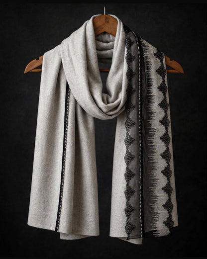 Grey  Wool Scarf With Black Lace & Silver Beads