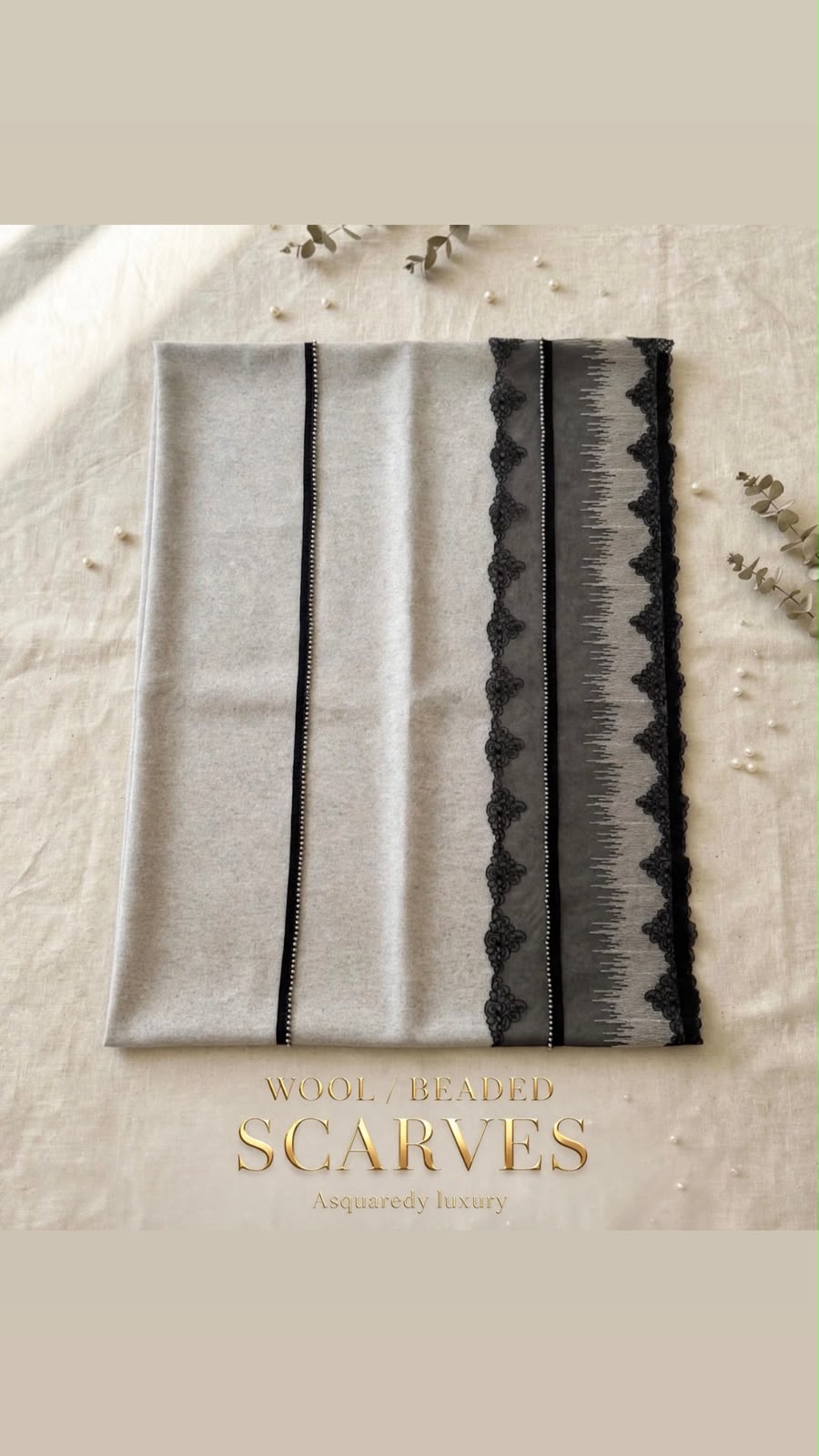 Grey  Wool Scarf With Black Lace & Silver Beads
