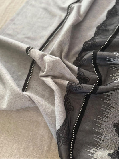 Grey  Wool Scarf With Black Lace & Silver Beads