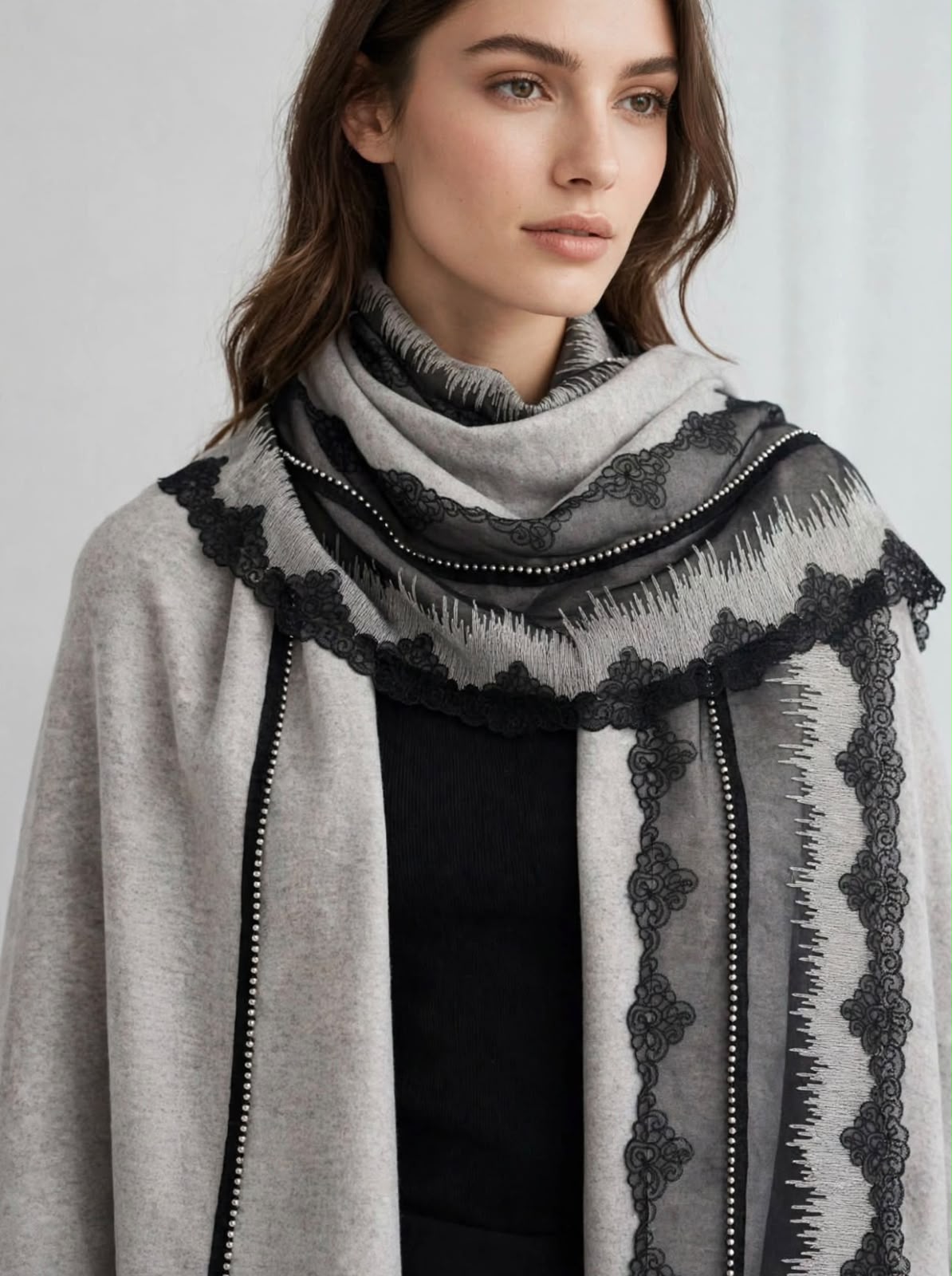 Grey  Wool Scarf With Black Lace & Silver Beads