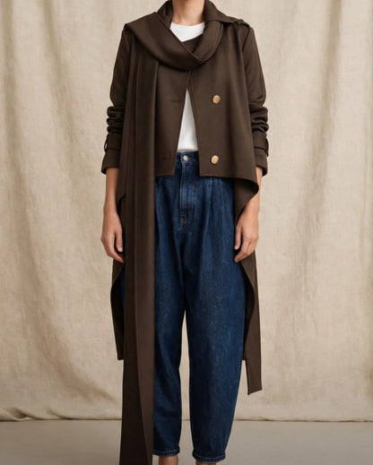 Brown Scuba  High Low  Scarf Jacket