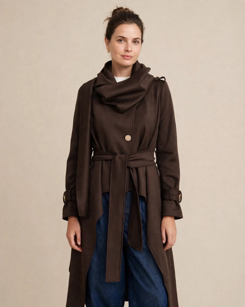 Brown Scuba  High Low  Scarf Jacket